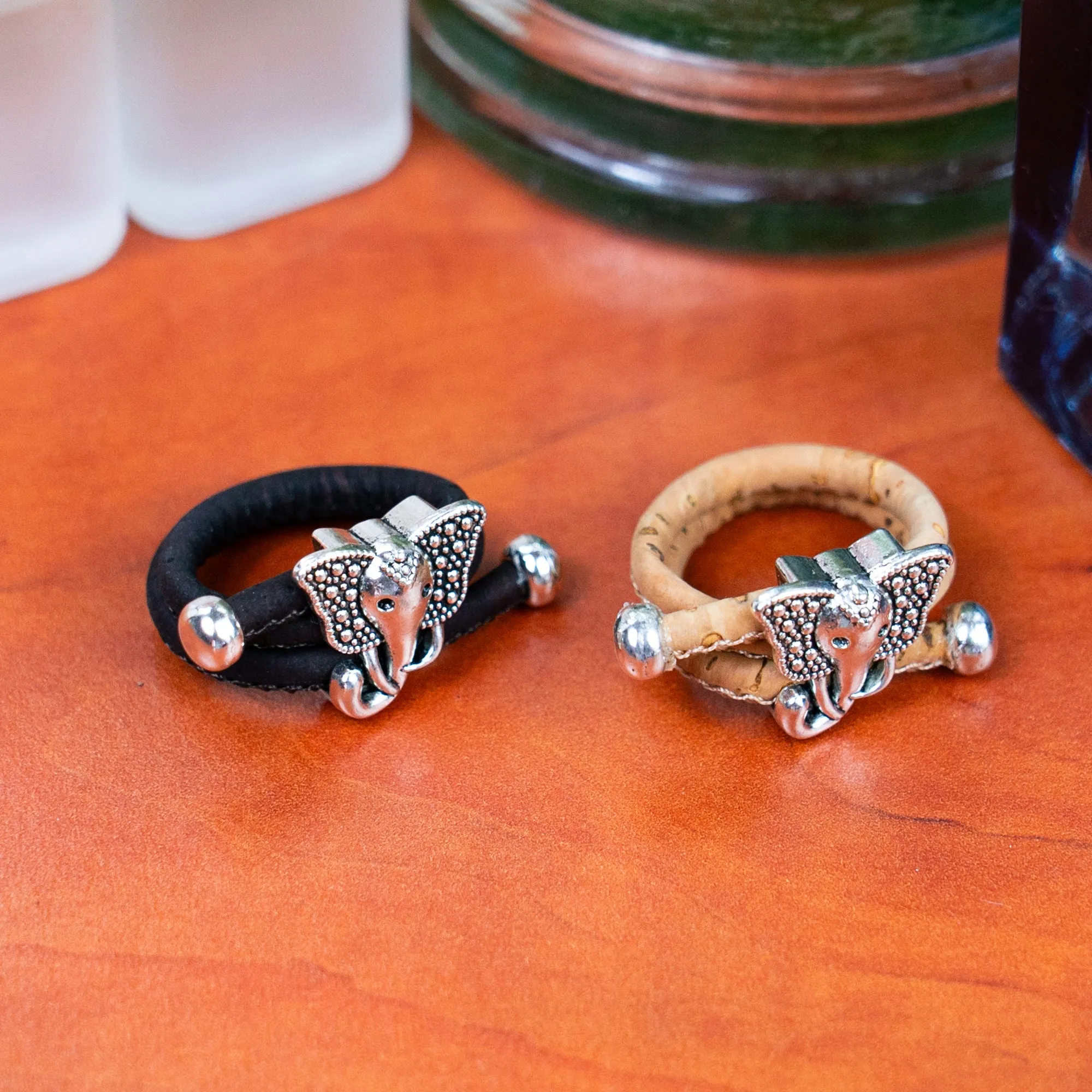 Handcrafted women's fashion ring with natural cork wire and elephant alloy hardware! RW-050-AB-10