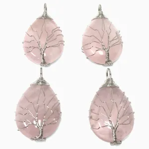 Handmade Wire Wrapped Tree of Life Rose Quartz Teardrop Pendant