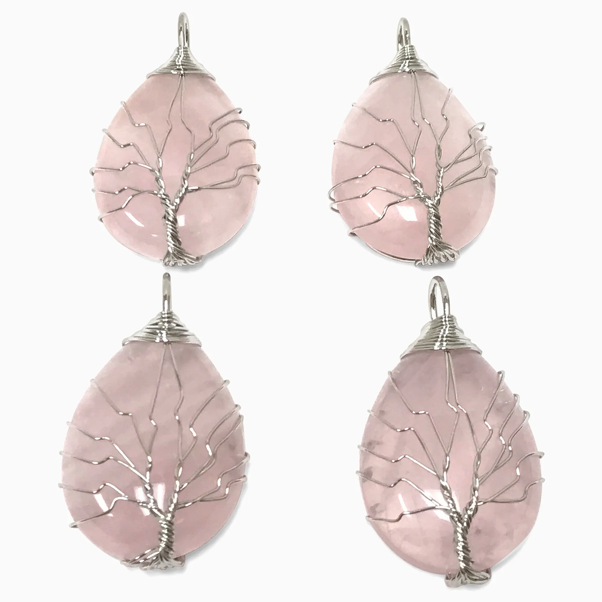 Handmade Wire Wrapped Tree of Life Rose Quartz Teardrop Pendant