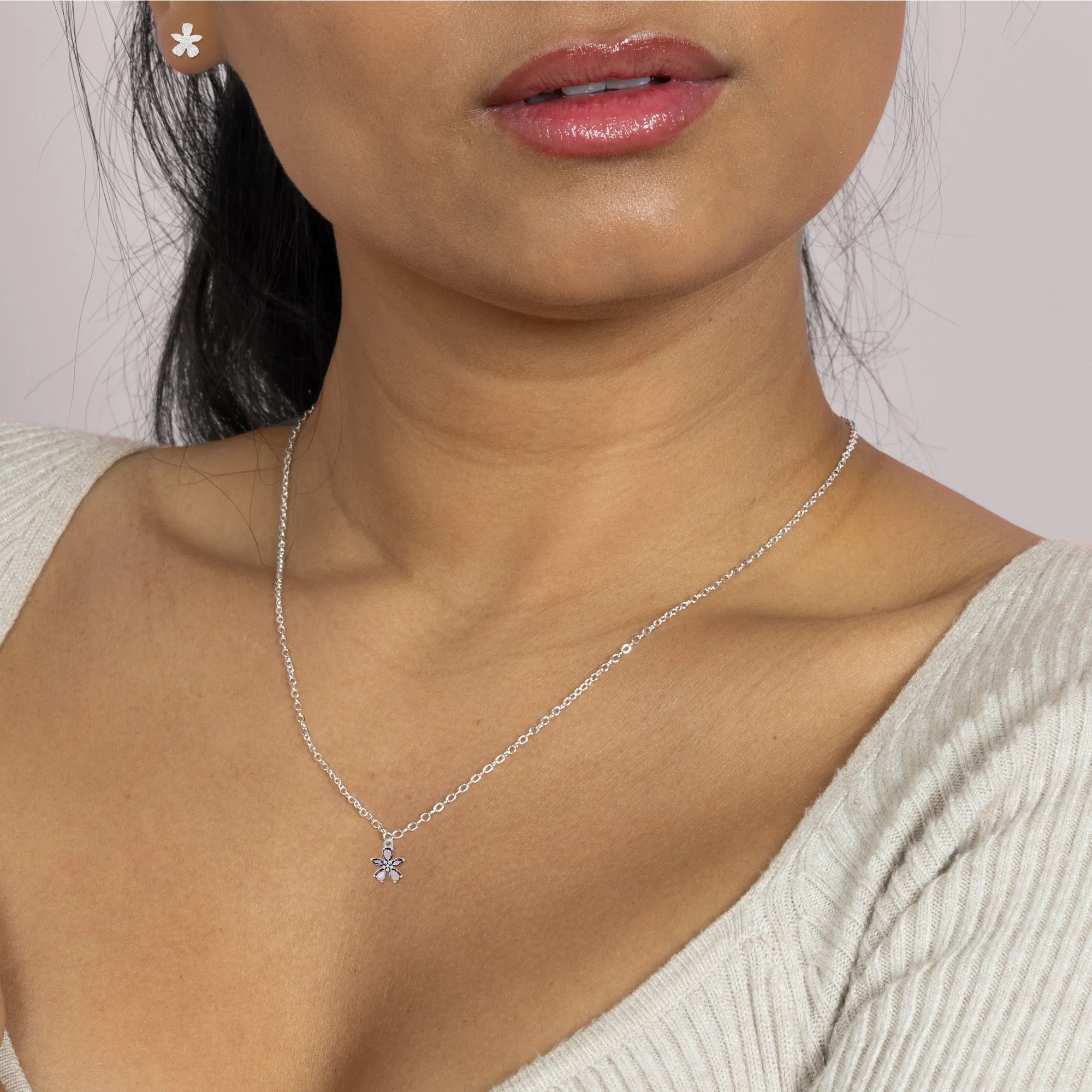 Happy Birthday 10mm Silver-Plated Cubic Zirconia Flower Stud Earrings and 16.5"-18.5" Necklace