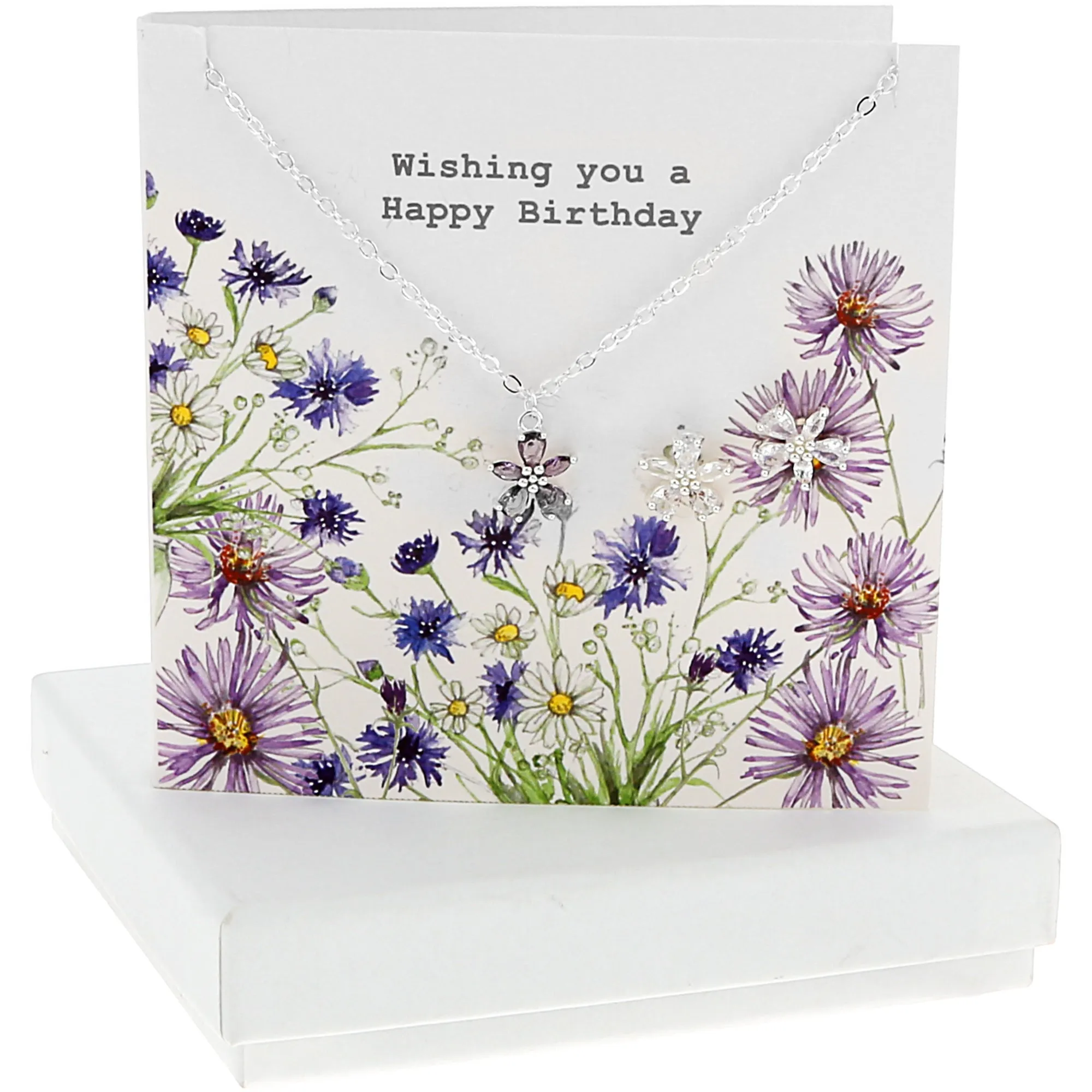 Happy Birthday 10mm Silver-Plated Cubic Zirconia Flower Stud Earrings and 16.5"-18.5" Necklace