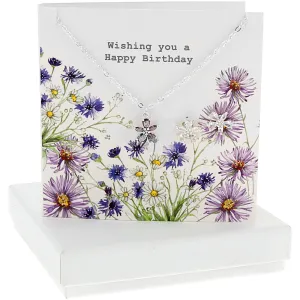Happy Birthday 10mm Silver-Plated Cubic Zirconia Flower Stud Earrings and 16.5"-18.5" Necklace