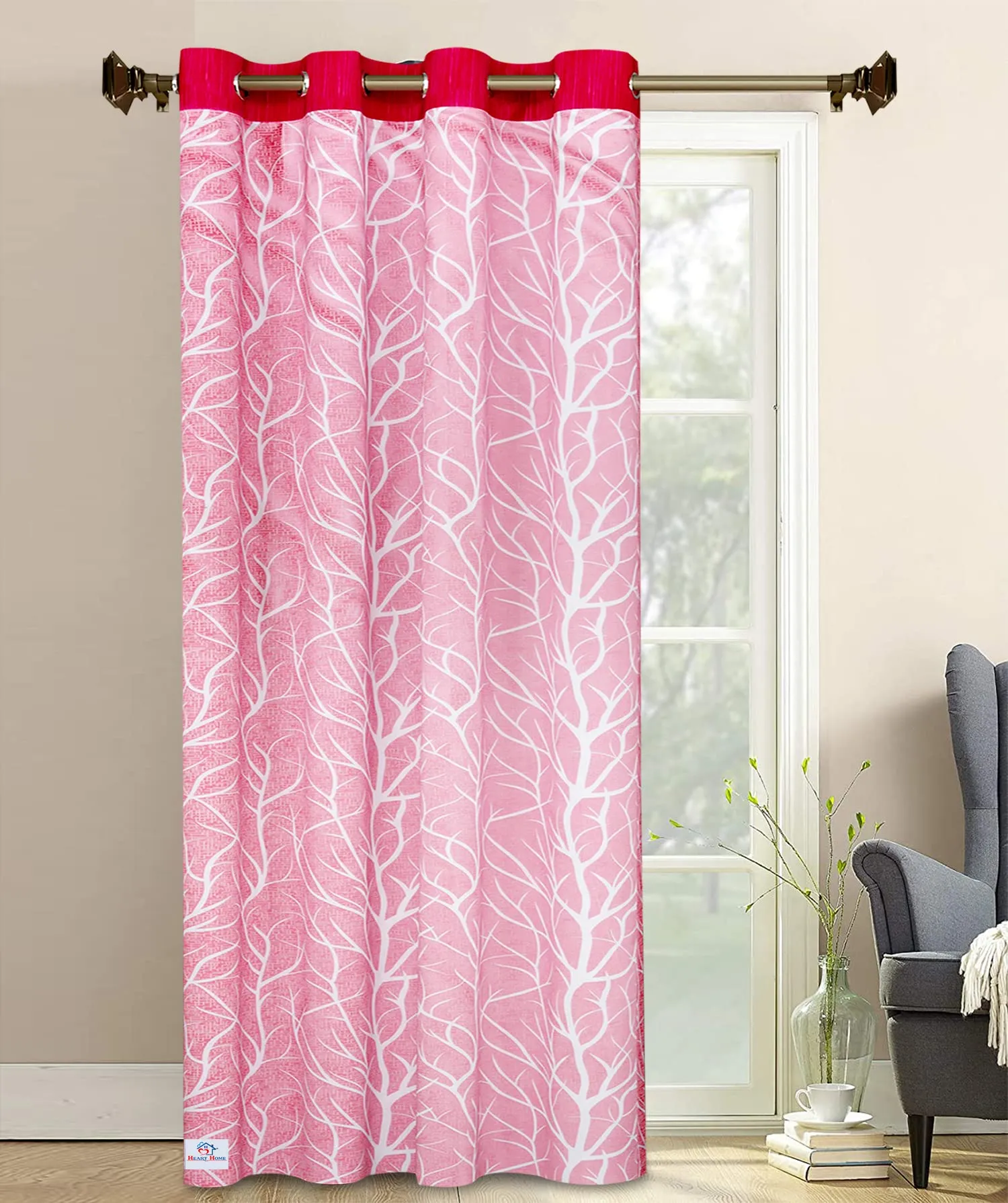 Heart Home Tree Printed Home Décor Door Curtain with 8 Eyelet, 7 Feet (Pink)-HS43HEARTH25582