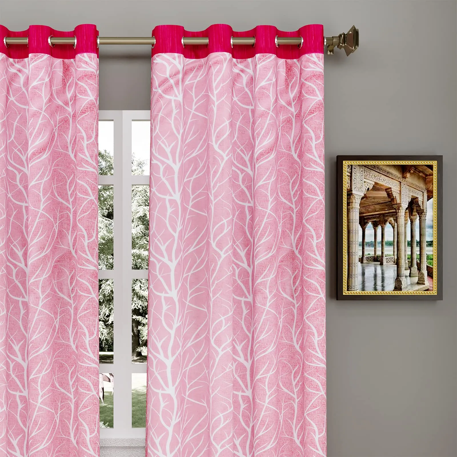 Heart Home Tree Printed Home Décor Door Curtain with 8 Eyelet, 7 Feet (Pink)-HS43HEARTH25582