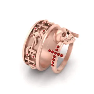 His and Her Skull Anchor Holy Cross Engagement Ring Band Set Red Diamond Matching Couple Rings Solid 925 Sterling Silver