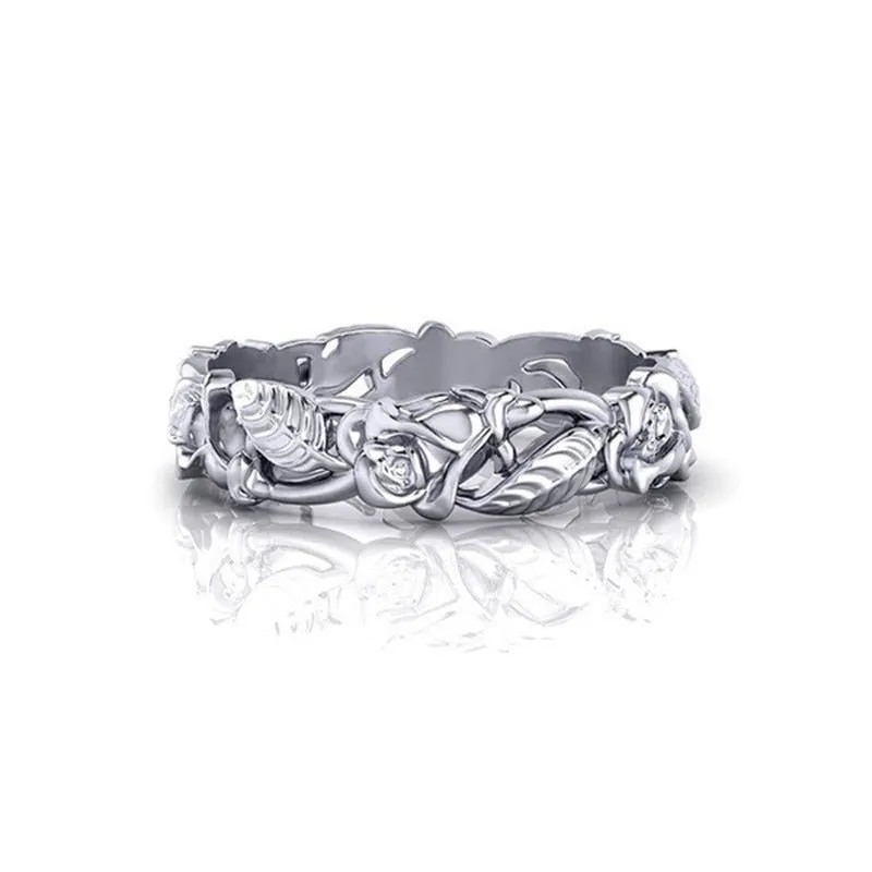 Hollow Flower Silver Ring Leaves Women Party Wedding Gift Jewelry