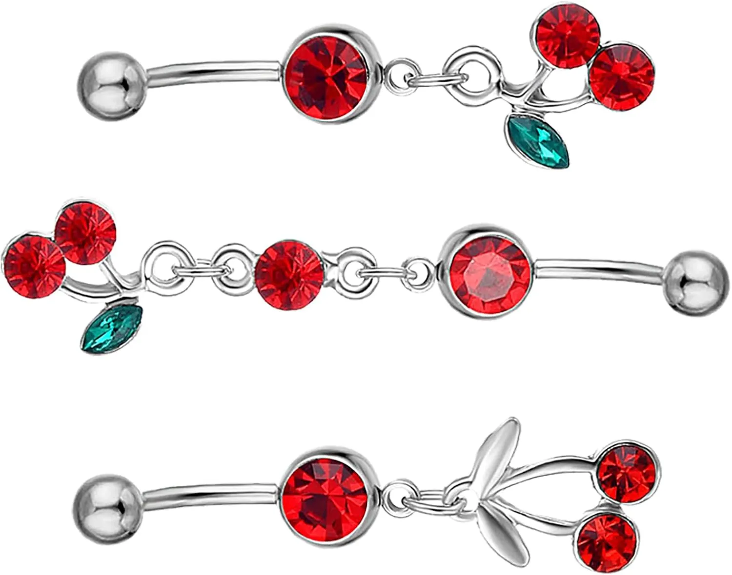 Homoyoyo 3Pcs Cherry Belly Piercing Jewelry Navel Ring with Rhinestone Accents Comfortable for Daily Wear Special Occasions
