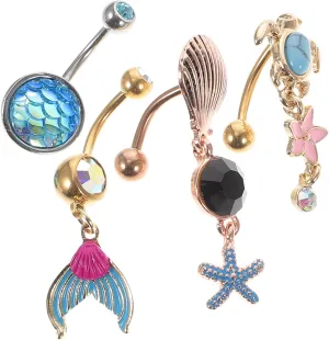 Homoyoyo Navel Belly Button Ring Set 4 Piece Turtle Design Belly Piercing Jewelry for Women Mermaid Navel Rings Flower for Girlfriend Wife Friends