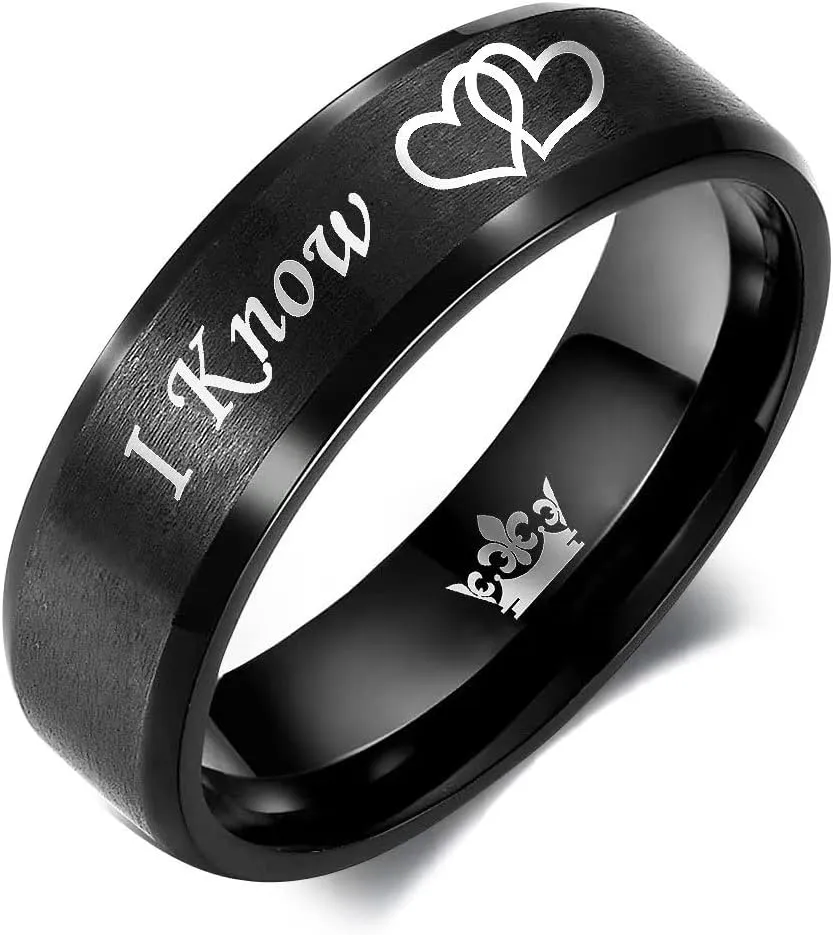 I Love You I Know Ring for Couples Crown Heart-to-Heart Promise Wedding Band for Him and Her 6mm 8mm Black Stainless Steel Comfort Fit Band