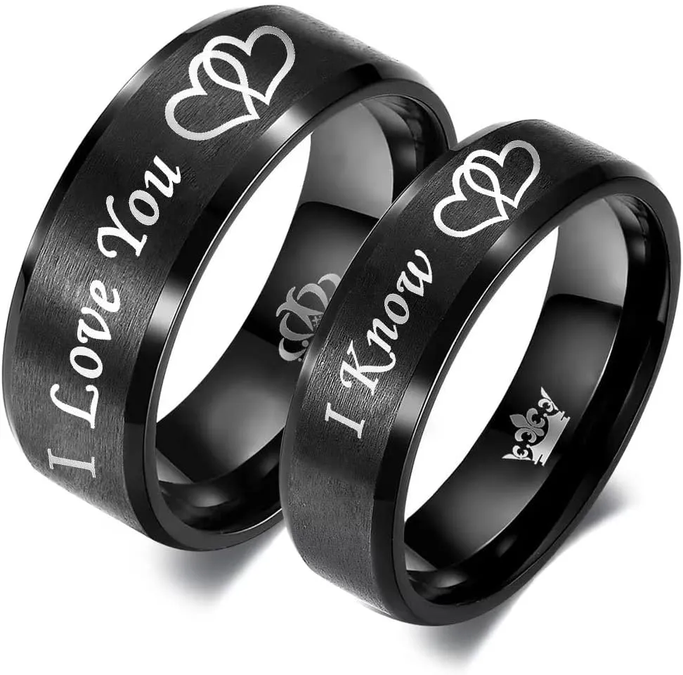 I Love You I Know Ring for Couples Crown Heart-to-Heart Promise Wedding Band for Him and Her 6mm 8mm Black Stainless Steel Comfort Fit Band
