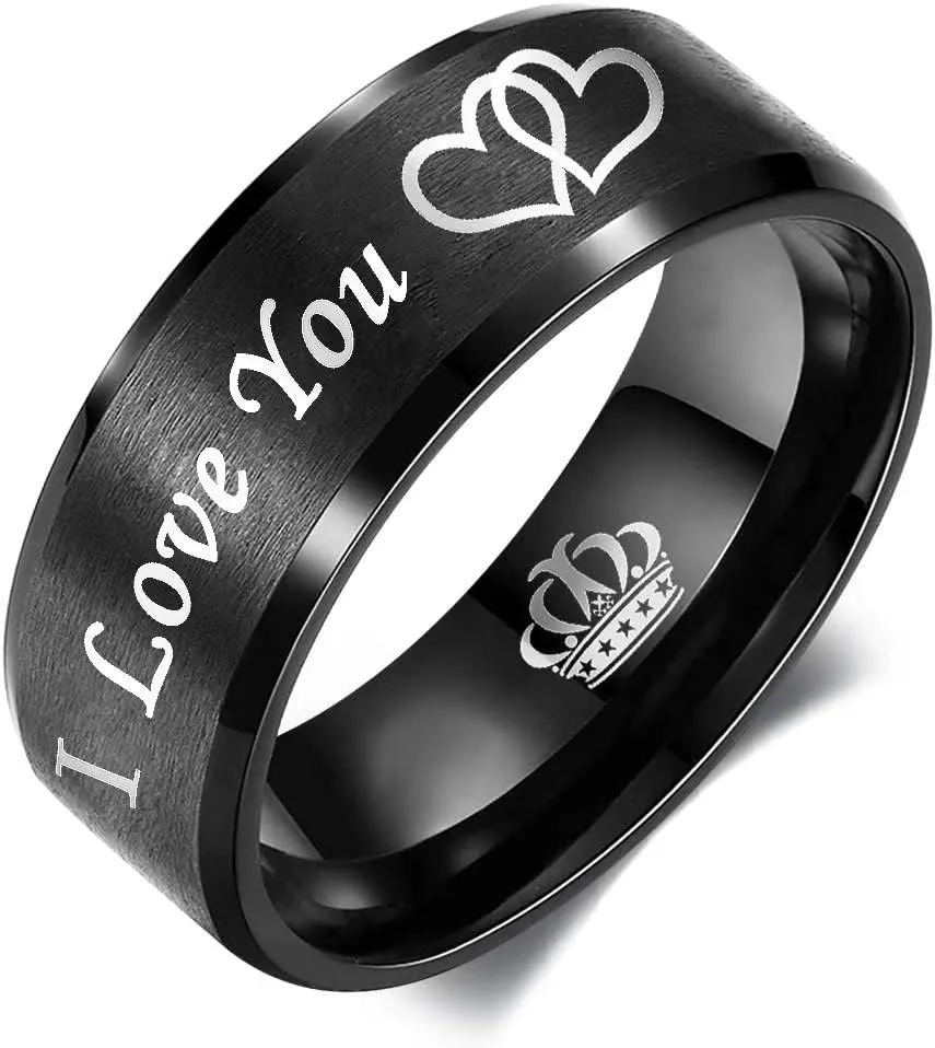 I Love You I Know Ring for Couples Crown Heart-to-Heart Promise Wedding Band for Him and Her 6mm 8mm Black Stainless Steel Comfort Fit Band