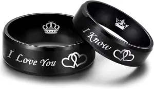 I Love You I Know Ring for Couples Crown Heart-to-Heart Promise Wedding Band for Him and Her 6mm 8mm Black Stainless Steel Comfort Fit Band
