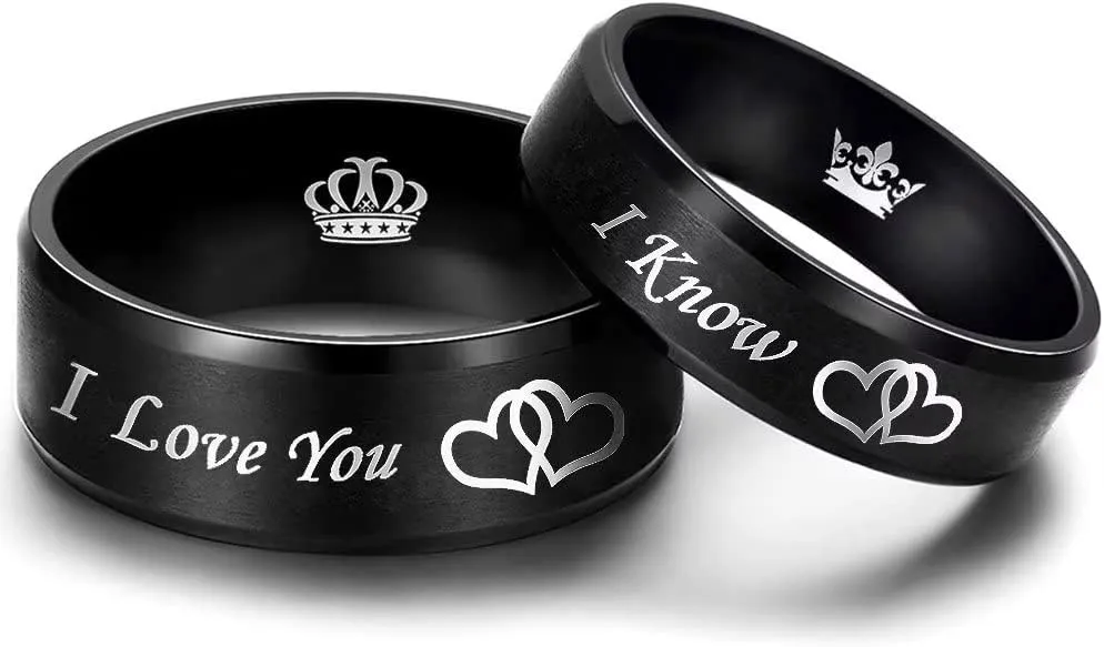 I Love You I Know Ring for Couples Crown Heart-to-Heart Promise Wedding Band for Him and Her 6mm 8mm Black Stainless Steel Comfort Fit Band