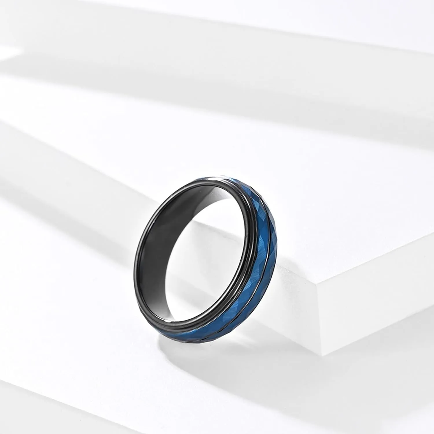 I Promise Rings for Couples, Mens Wedding Band Tungsten 2PCS Multi-Faceted Black and Blue Ring 5mm Size Women 6 Men 7 for Prom Jewelry