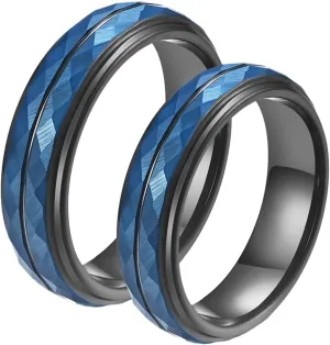 I Promise Rings for Couples, Mens Wedding Band Tungsten 2PCS Multi-Faceted Black and Blue Ring 5mm Size Women 6 Men 7 for Prom Jewelry