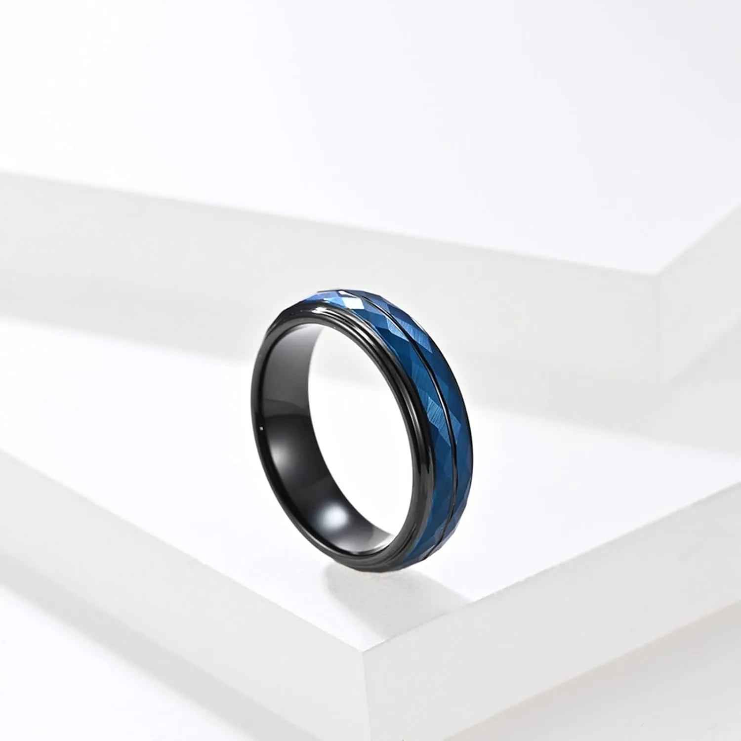 I Promise Rings for Couples, Mens Wedding Band Tungsten 2PCS Multi-Faceted Black and Blue Ring 5mm Size Women 6 Men 7 for Prom Jewelry