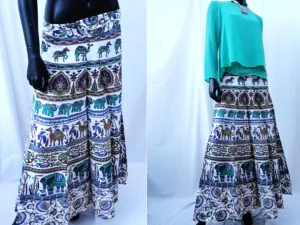 Indian boho, wraparound skirt. Cotton batik skirt. Maxi, long, black,, white, green. Artikrti.