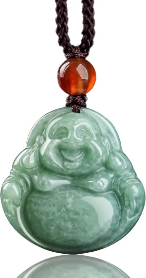 Jade Pendant Green Natural Real Laughing Buddha Necklace - Good Luck 925 Silver Chain Amulet Jewelry Gifts