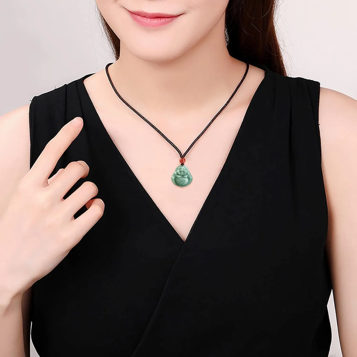 Jade Pendant Green Natural Real Laughing Buddha Necklace - Good Luck 925 Silver Chain Amulet Jewelry Gifts