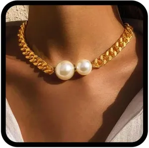 JEWEKY Pearl Necklace Gold Choker Chunky Cuban Link Collar Necklaces for Women