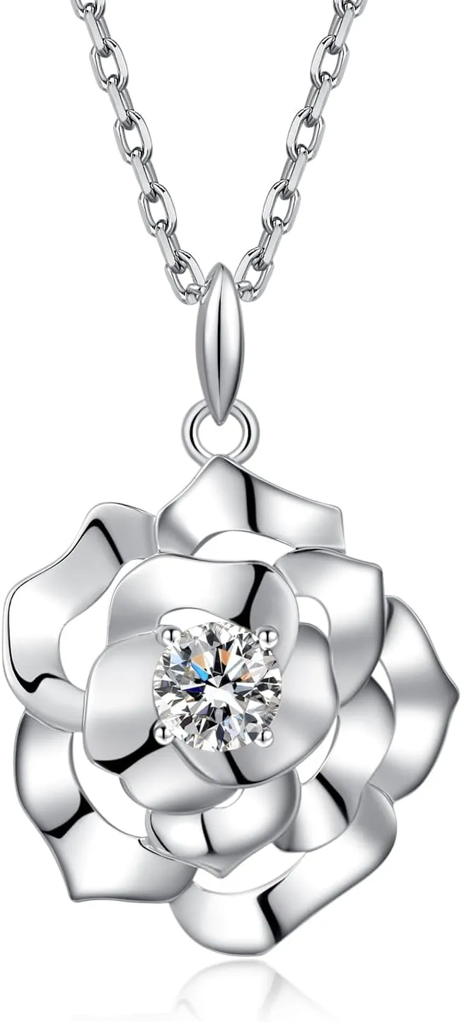 jiamiaoi 18K White Gold Plated Simulated Diamond Rose Necklace for Women 925 Sterling Silver Necklace with 12month Birthstone,Great Gift for Women/Mother/Wife