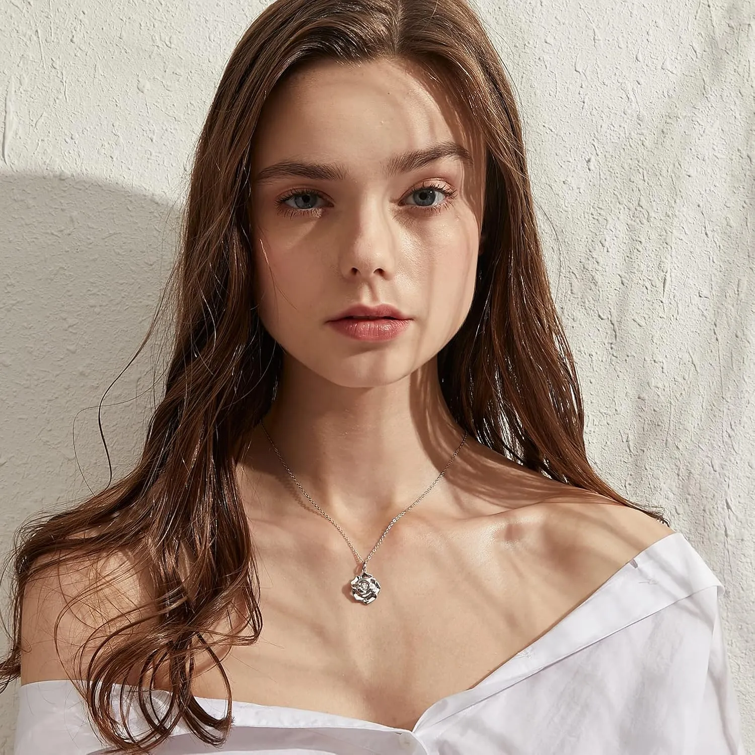 jiamiaoi 18K White Gold Plated Simulated Diamond Rose Necklace for Women 925 Sterling Silver Necklace with 12month Birthstone,Great Gift for Women/Mother/Wife