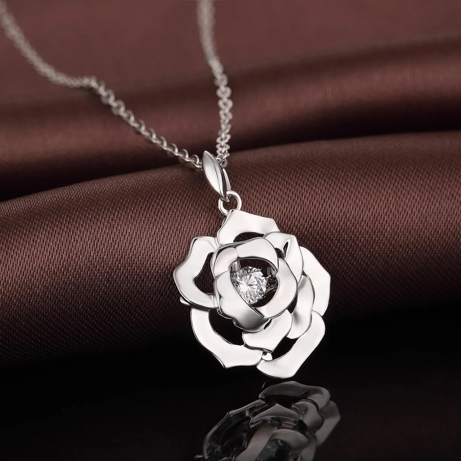 jiamiaoi 18K White Gold Plated Simulated Diamond Rose Necklace for Women 925 Sterling Silver Necklace with 12month Birthstone,Great Gift for Women/Mother/Wife