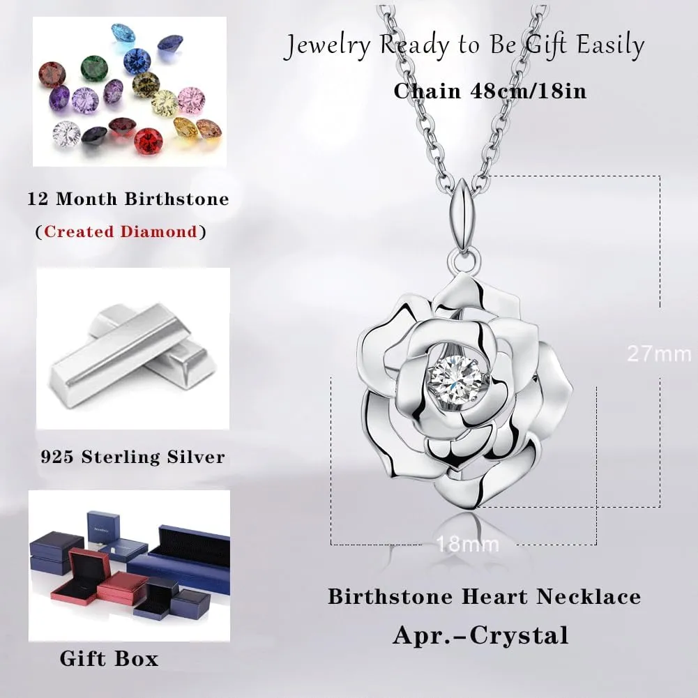 jiamiaoi 18K White Gold Plated Simulated Diamond Rose Necklace for Women 925 Sterling Silver Necklace with 12month Birthstone,Great Gift for Women/Mother/Wife