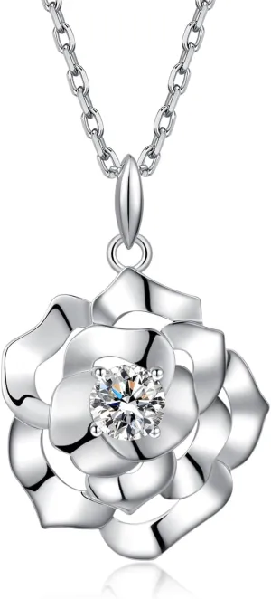 jiamiaoi 18K White Gold Plated Simulated Diamond Rose Necklace for Women 925 Sterling Silver Necklace with 12month Birthstone,Great Gift for Women/Mother/Wife