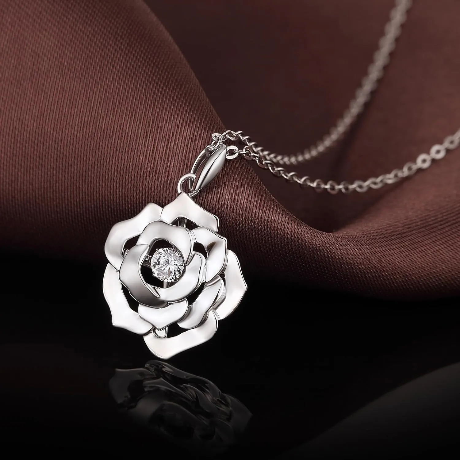 jiamiaoi 18K White Gold Plated Simulated Diamond Rose Necklace for Women 925 Sterling Silver Necklace with 12month Birthstone,Great Gift for Women/Mother/Wife