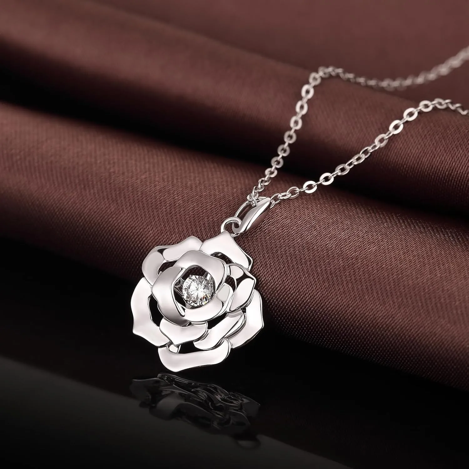 jiamiaoi 18K White Gold Plated Simulated Diamond Rose Necklace for Women 925 Sterling Silver Necklace with 12month Birthstone,Great Gift for Women/Mother/Wife