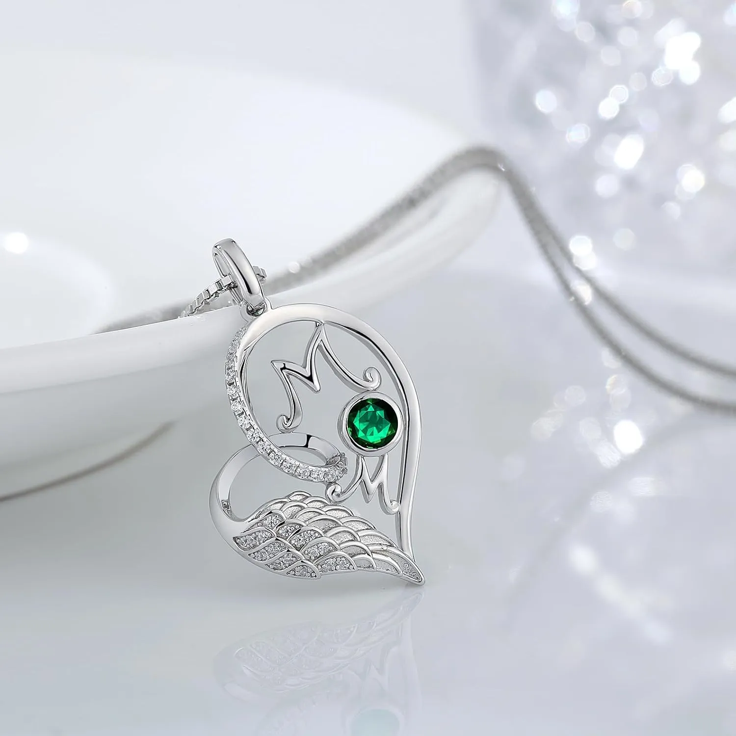 jiamiaoi 18K White Gold Plated Sparkly Angle Wing Heart Necklace for Women 925 Sterling Silver CZ Diamond Heart Necklace with 12month Birthstone, Great Gift for Mothers Day