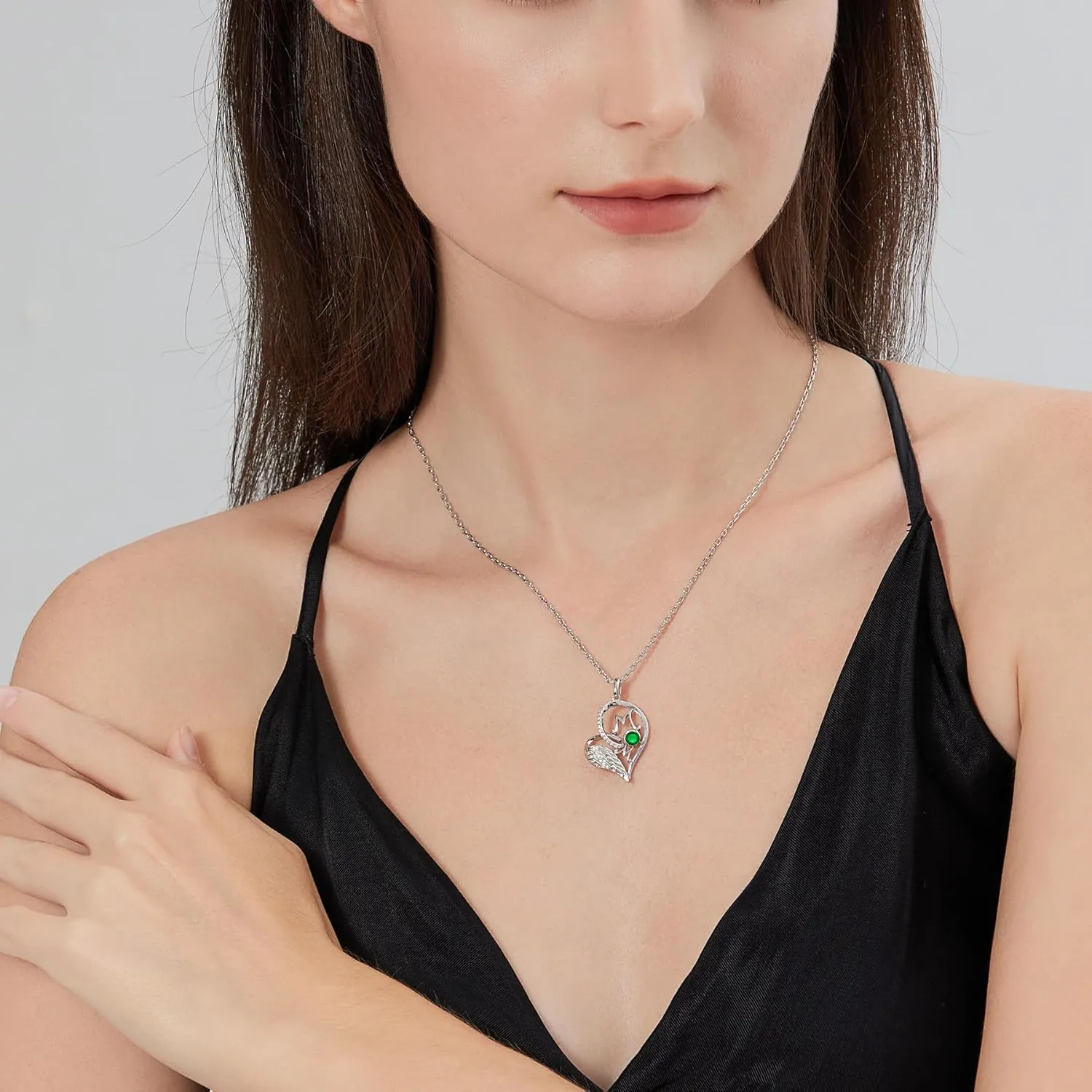 jiamiaoi 18K White Gold Plated Sparkly Angle Wing Heart Necklace for Women 925 Sterling Silver CZ Diamond Heart Necklace with 12month Birthstone, Great Gift for Mothers Day