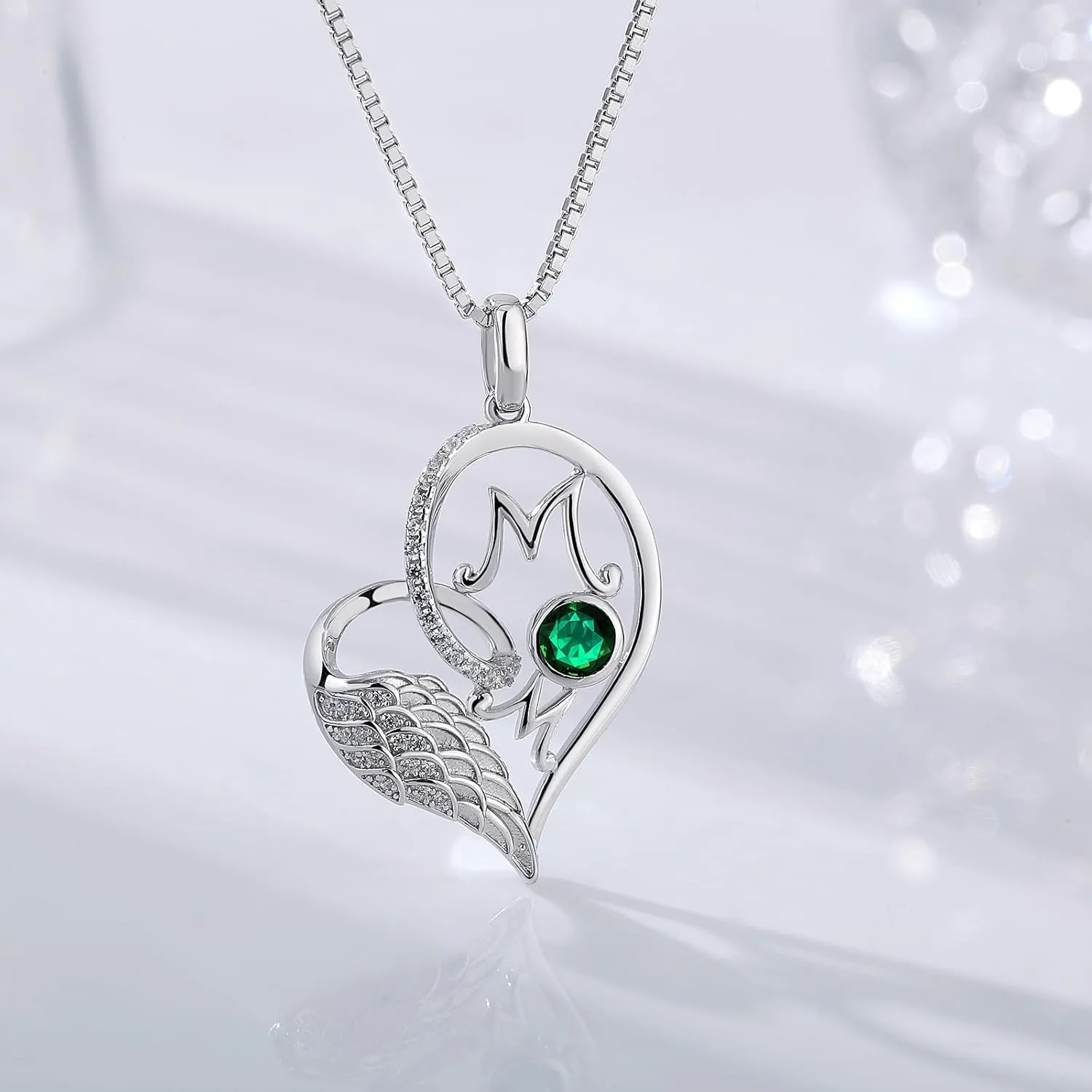 jiamiaoi 18K White Gold Plated Sparkly Angle Wing Heart Necklace for Women 925 Sterling Silver CZ Diamond Heart Necklace with 12month Birthstone, Great Gift for Mothers Day
