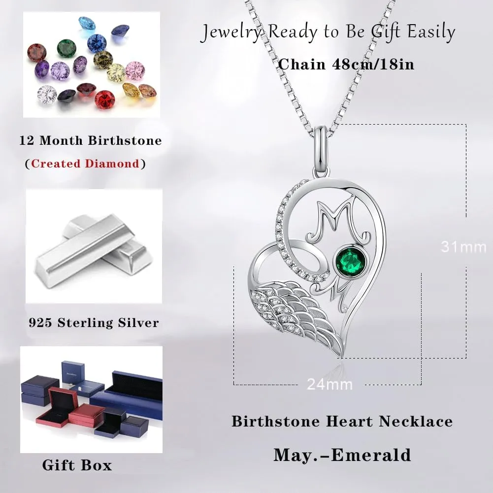 jiamiaoi 18K White Gold Plated Sparkly Angle Wing Heart Necklace for Women 925 Sterling Silver CZ Diamond Heart Necklace with 12month Birthstone, Great Gift for Mothers Day