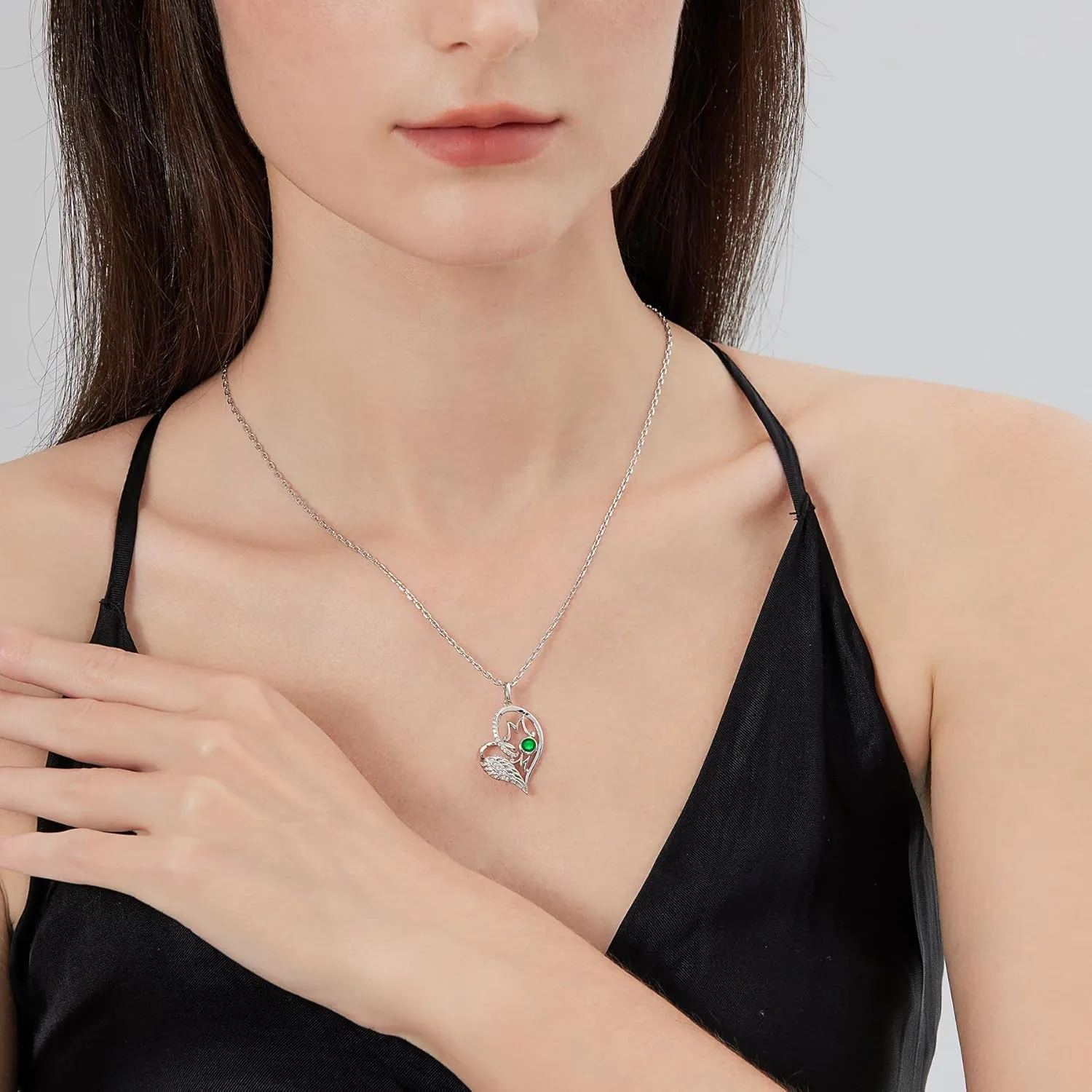jiamiaoi 18K White Gold Plated Sparkly Angle Wing Heart Necklace for Women 925 Sterling Silver CZ Diamond Heart Necklace with 12month Birthstone, Great Gift for Mothers Day
