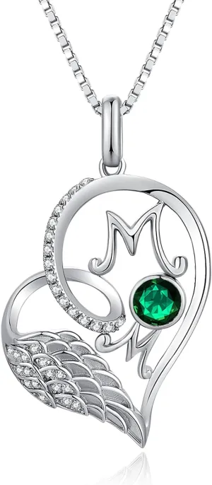jiamiaoi 18K White Gold Plated Sparkly Angle Wing Heart Necklace for Women 925 Sterling Silver CZ Diamond Heart Necklace with 12month Birthstone, Great Gift for Mothers Day