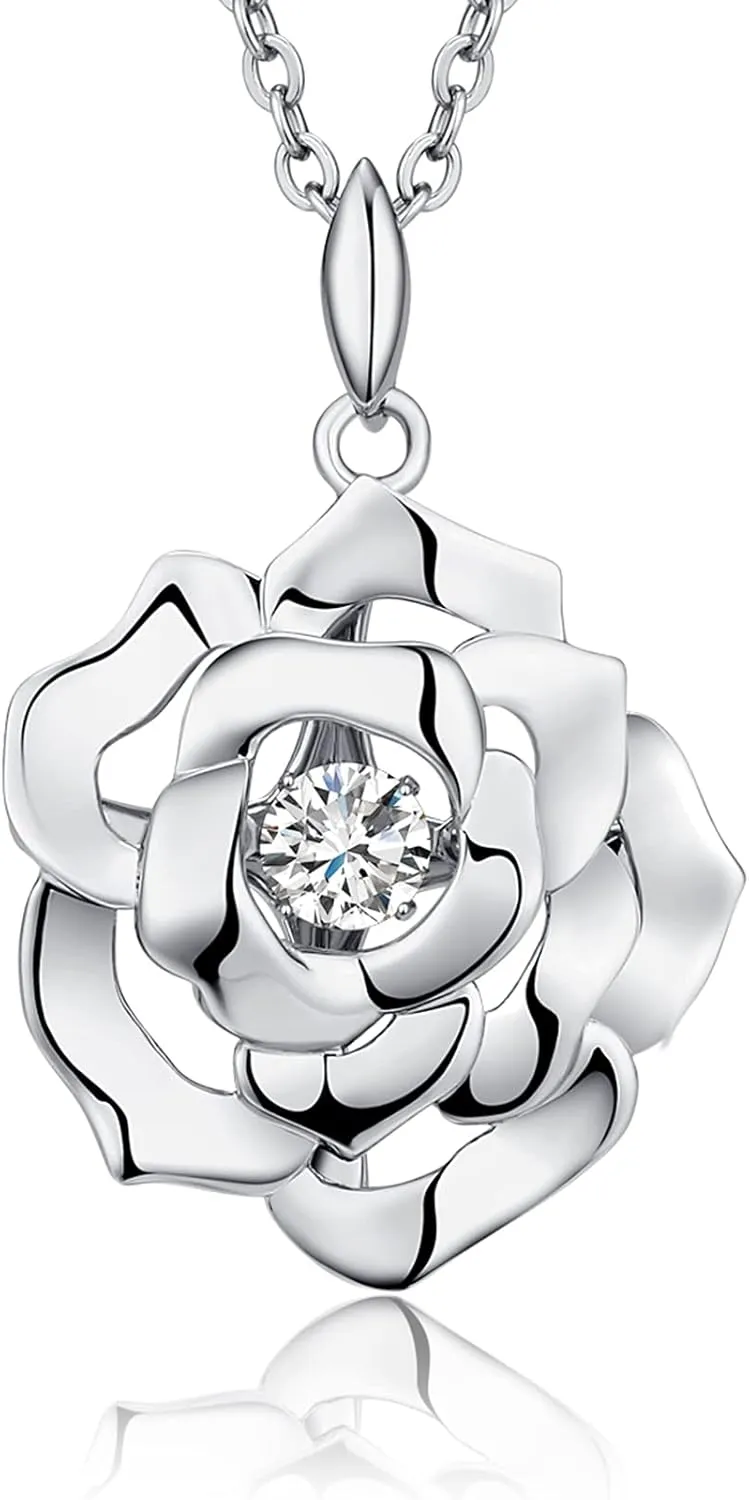 jiamiaoi Rose Necklace Silver Necklaces for Women Dancing Zirconia Necklace Silver Choker Necklaces for Women Sterling Silver Necklace Women Fake Diamond Necklace Silver CZ Necklace for Women