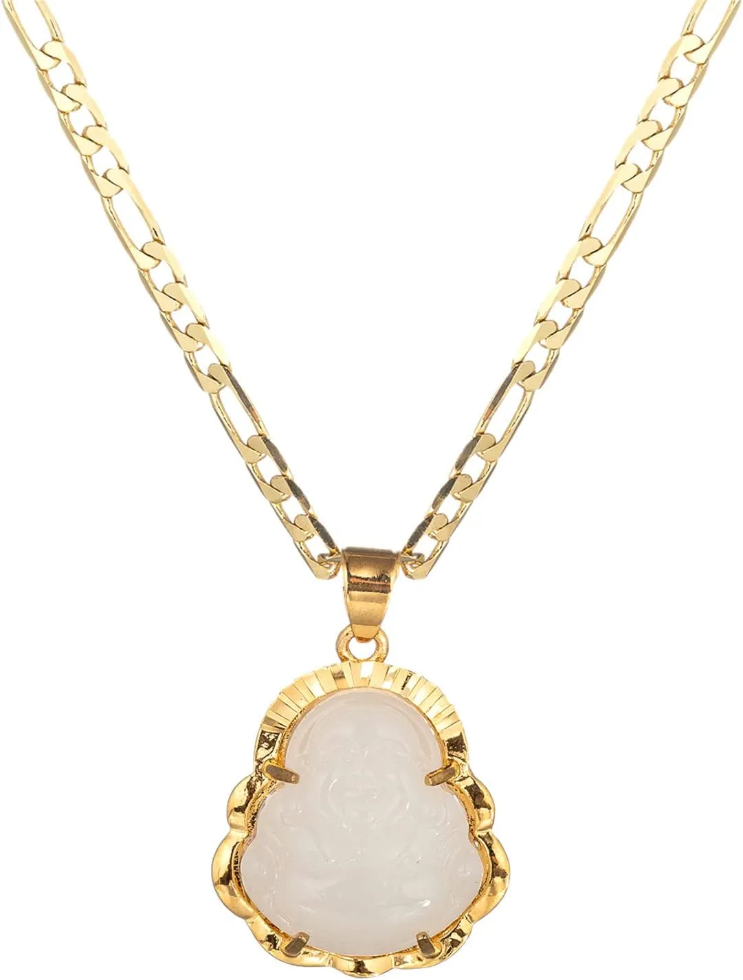 kelistom 14K Gold Plated Buddha Pendant Necklace for Women Men 3MM Flat Figaro Chain Necklace Blue Green Pink White Yellow Buddha Head
