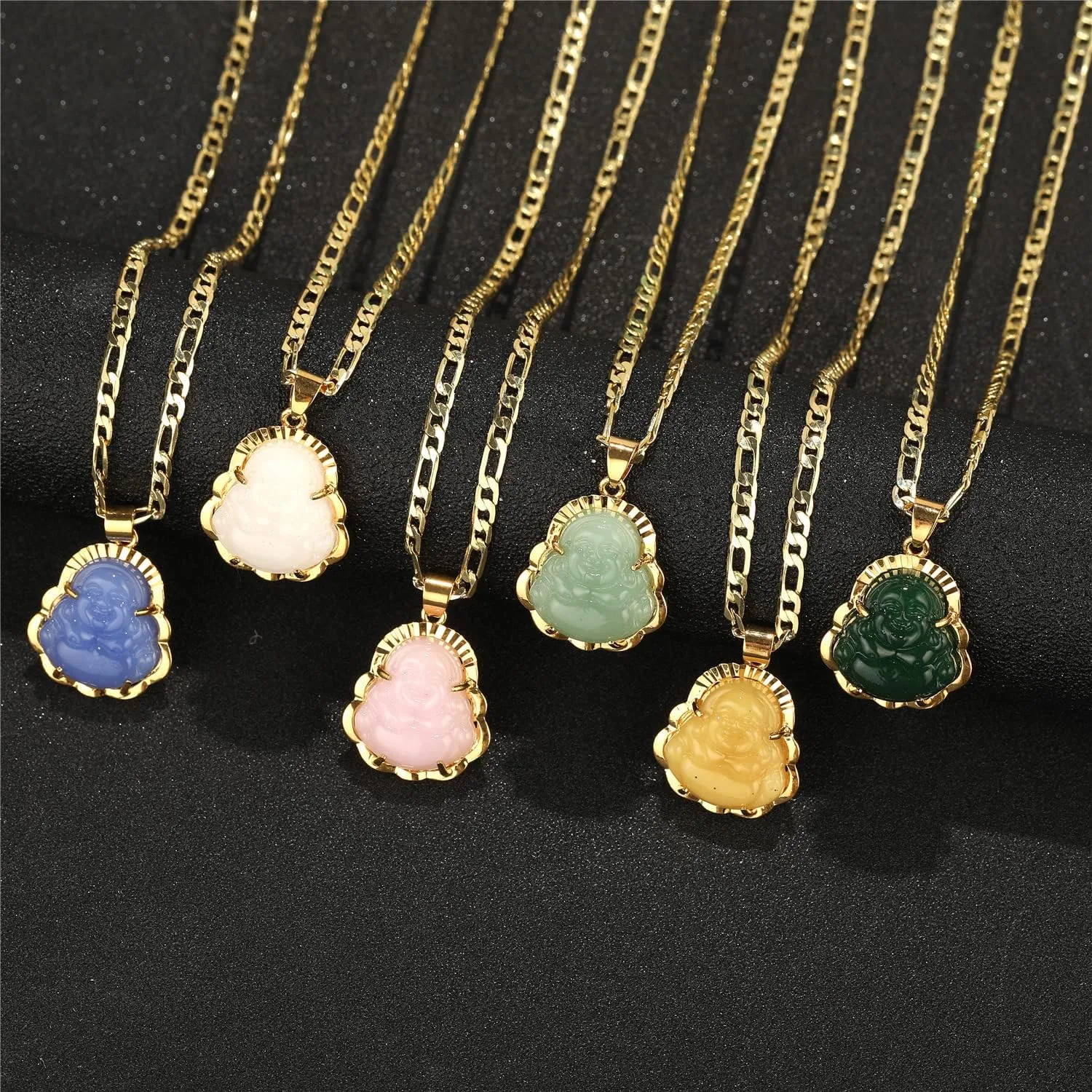 kelistom 14K Gold Plated Buddha Pendant Necklace for Women Men 3MM Flat Figaro Chain Necklace Blue Green Pink White Yellow Buddha Head