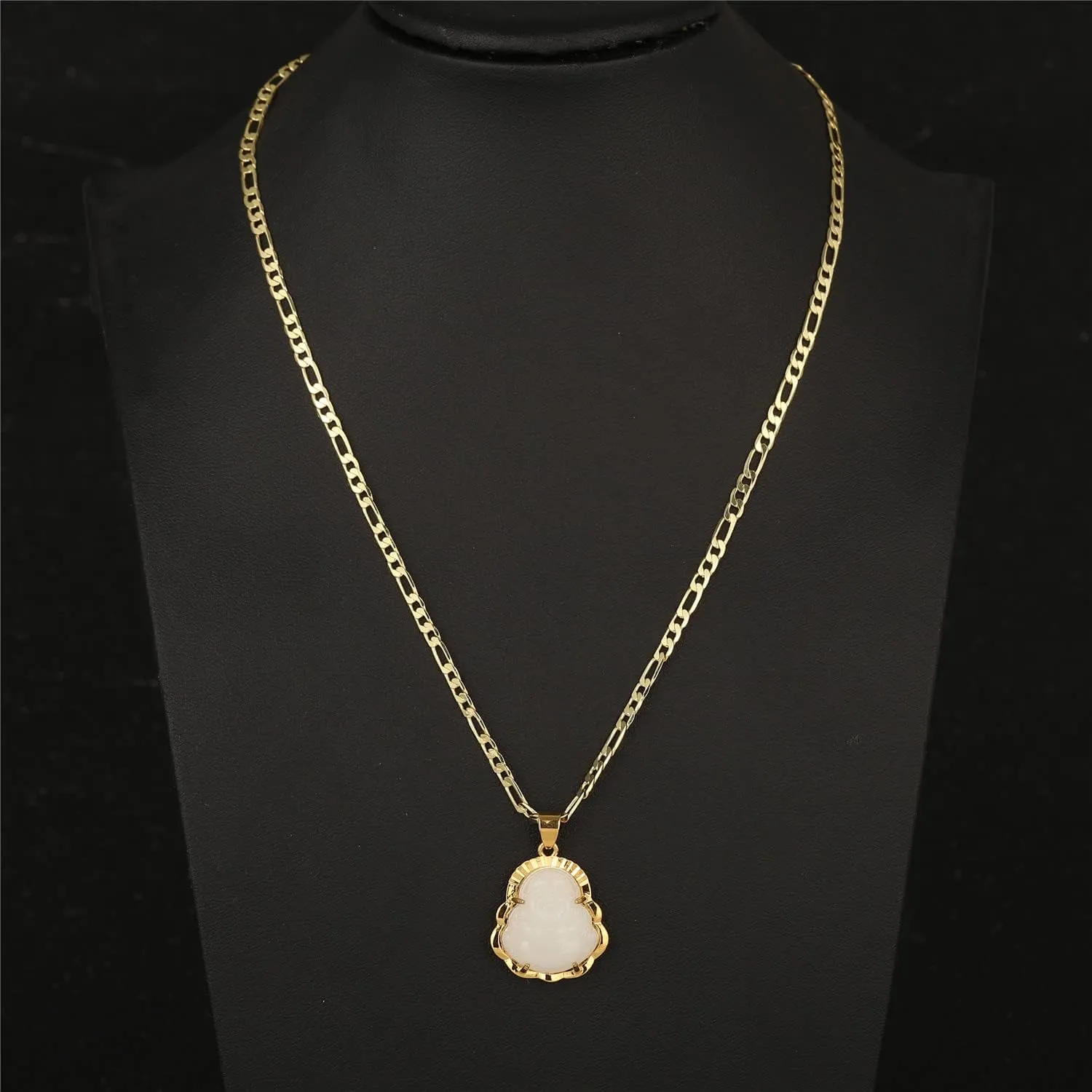kelistom 14K Gold Plated Buddha Pendant Necklace for Women Men 3MM Flat Figaro Chain Necklace Blue Green Pink White Yellow Buddha Head