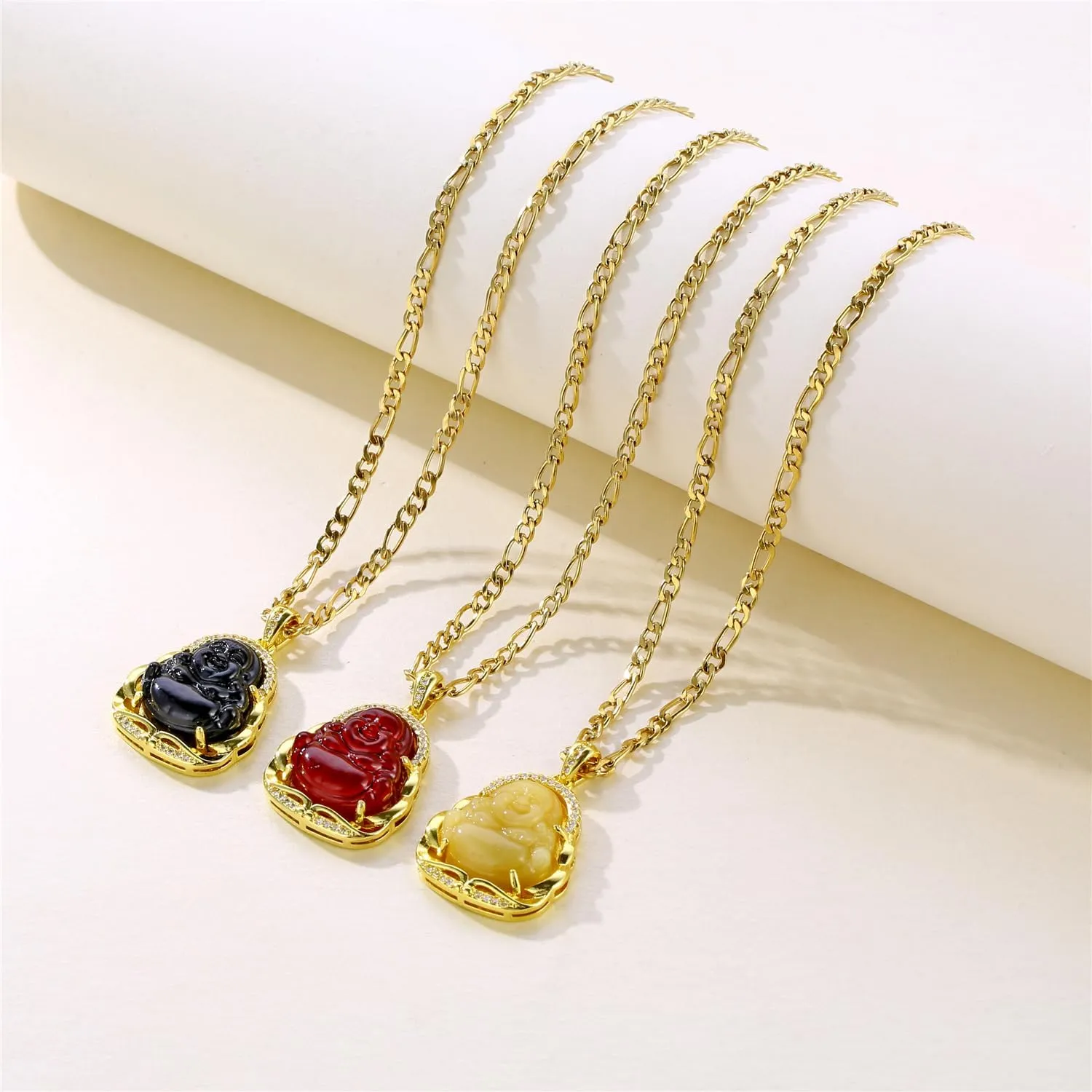 kelistom 18K Gold Plated Buddha Pendant Necklace for Women Men Zircon Inlay Blue Green Pink White Yellow Buddha Head 3MM Flat Figaro Necklace Chain