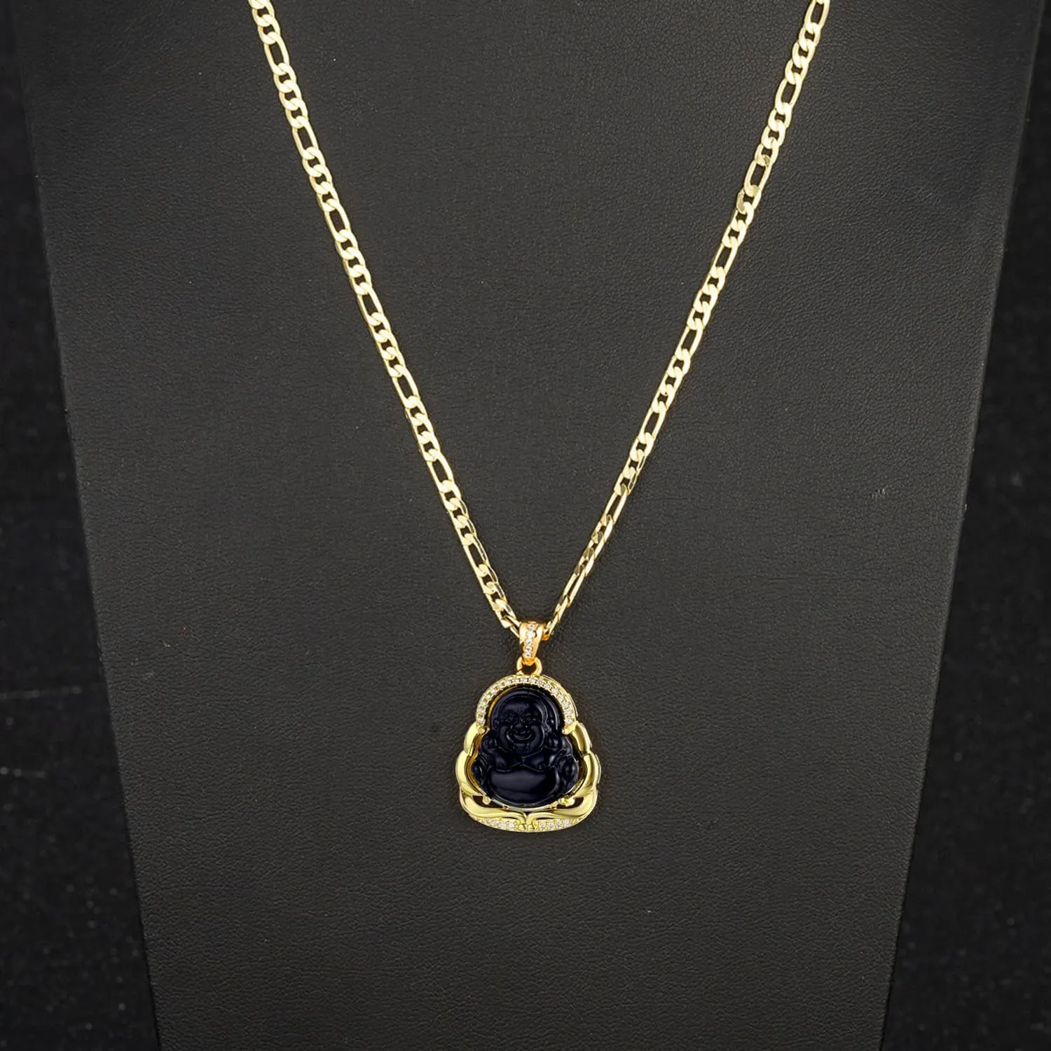 kelistom 18K Gold Plated Buddha Pendant Necklace for Women Men Zircon Inlay Blue Green Pink White Yellow Buddha Head 3MM Flat Figaro Necklace Chain