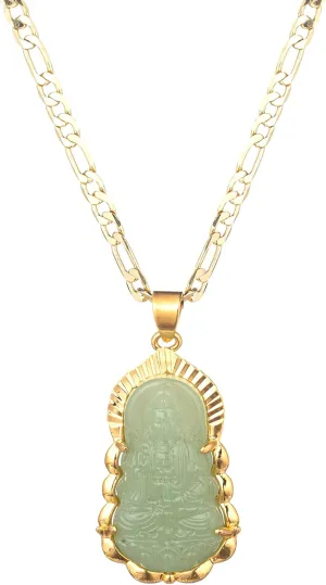 kelistom 18K Gold Plated Green GUANYIN Buddha Pendant Necklace for Women Men Buddhist Ornament Maitreya Buddha Amulet Hinduism 3MM Flat Figaro Necklace Chain