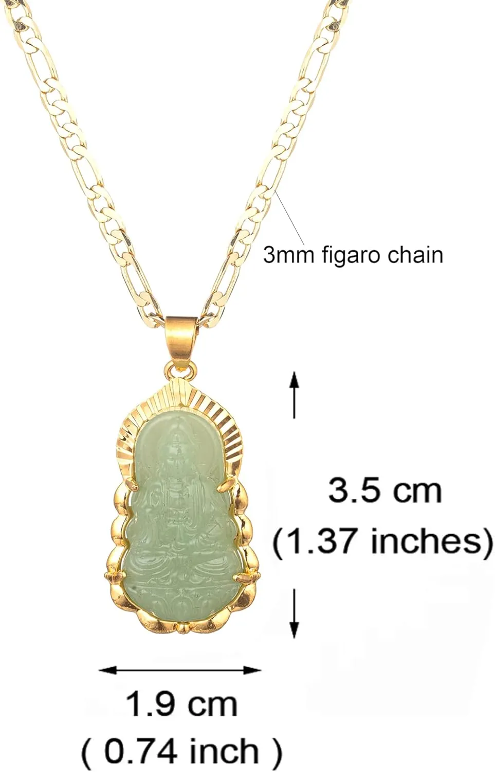kelistom 18K Gold Plated Green GUANYIN Buddha Pendant Necklace for Women Men Buddhist Ornament Maitreya Buddha Amulet Hinduism 3MM Flat Figaro Necklace Chain