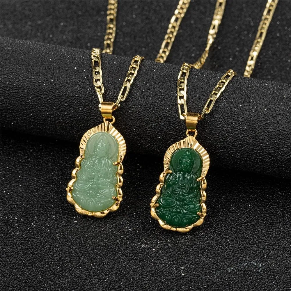 kelistom 18K Gold Plated Green GUANYIN Buddha Pendant Necklace for Women Men Buddhist Ornament Maitreya Buddha Amulet Hinduism 3MM Flat Figaro Necklace Chain