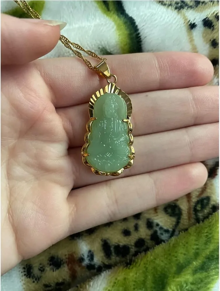 kelistom 18K Gold Plated Green GUANYIN Buddha Pendant Necklace for Women Men Buddhist Ornament Maitreya Buddha Amulet Hinduism 3MM Flat Figaro Necklace Chain