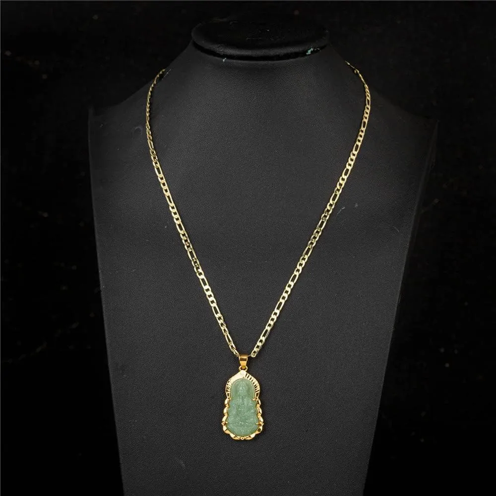 kelistom 18K Gold Plated Green GUANYIN Buddha Pendant Necklace for Women Men Buddhist Ornament Maitreya Buddha Amulet Hinduism 3MM Flat Figaro Necklace Chain