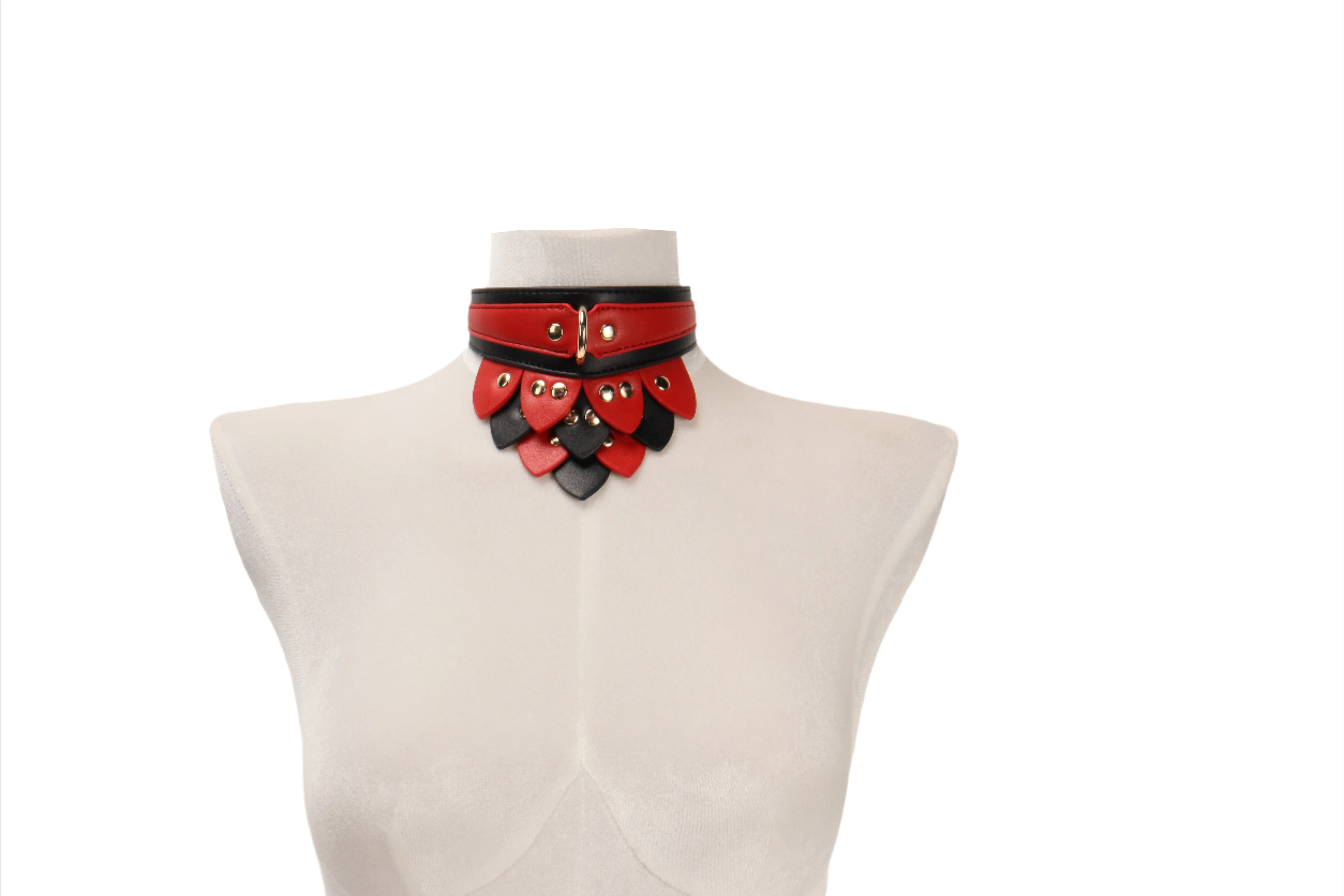 Kink Red & Black Leaf Neck Collar | Faux Leather | Gold  Press Studs | Adjustable