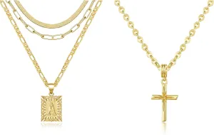 KissYan Gold Layered Initial Necklace A with Cross Necklace